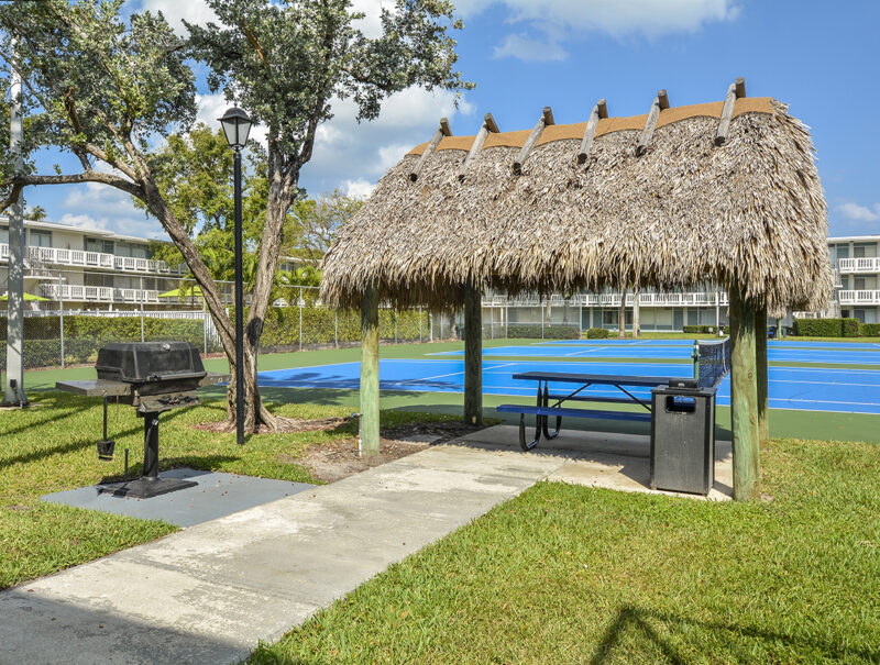 Tiki Huts with Tables for Entertaining