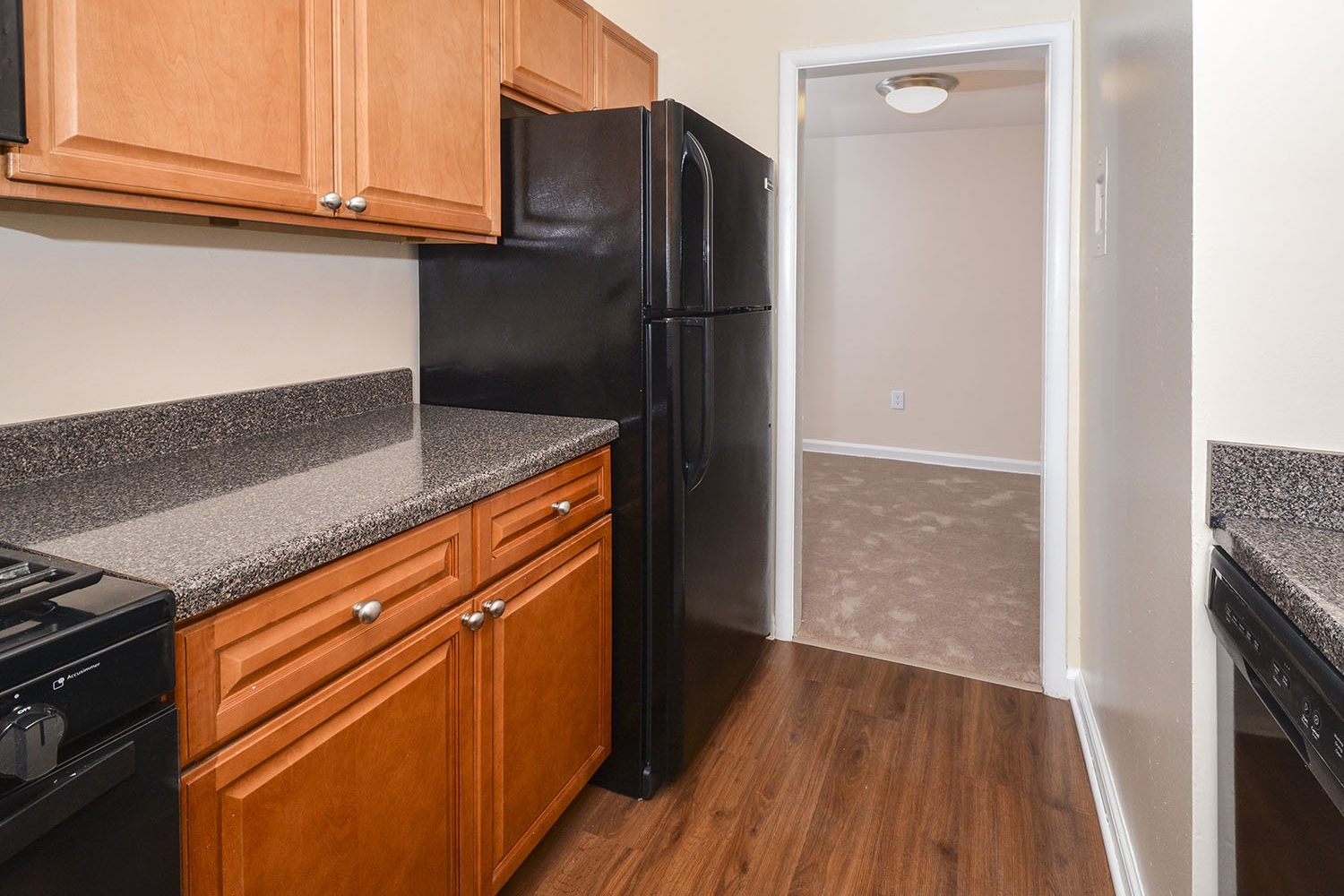 galley kitchen with hardwood floors 