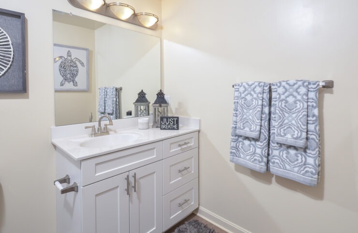 bathroom with modern fixtures and vanity 