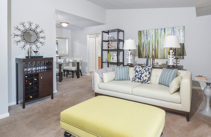 large living room looking into the dining area 