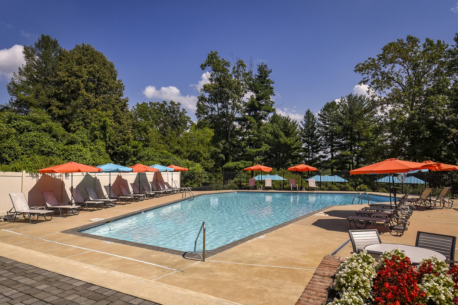 Pool With Patio Furniture and Umbrella Tables