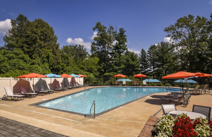 Pool With Patio Furniture and Umbrella Tables
