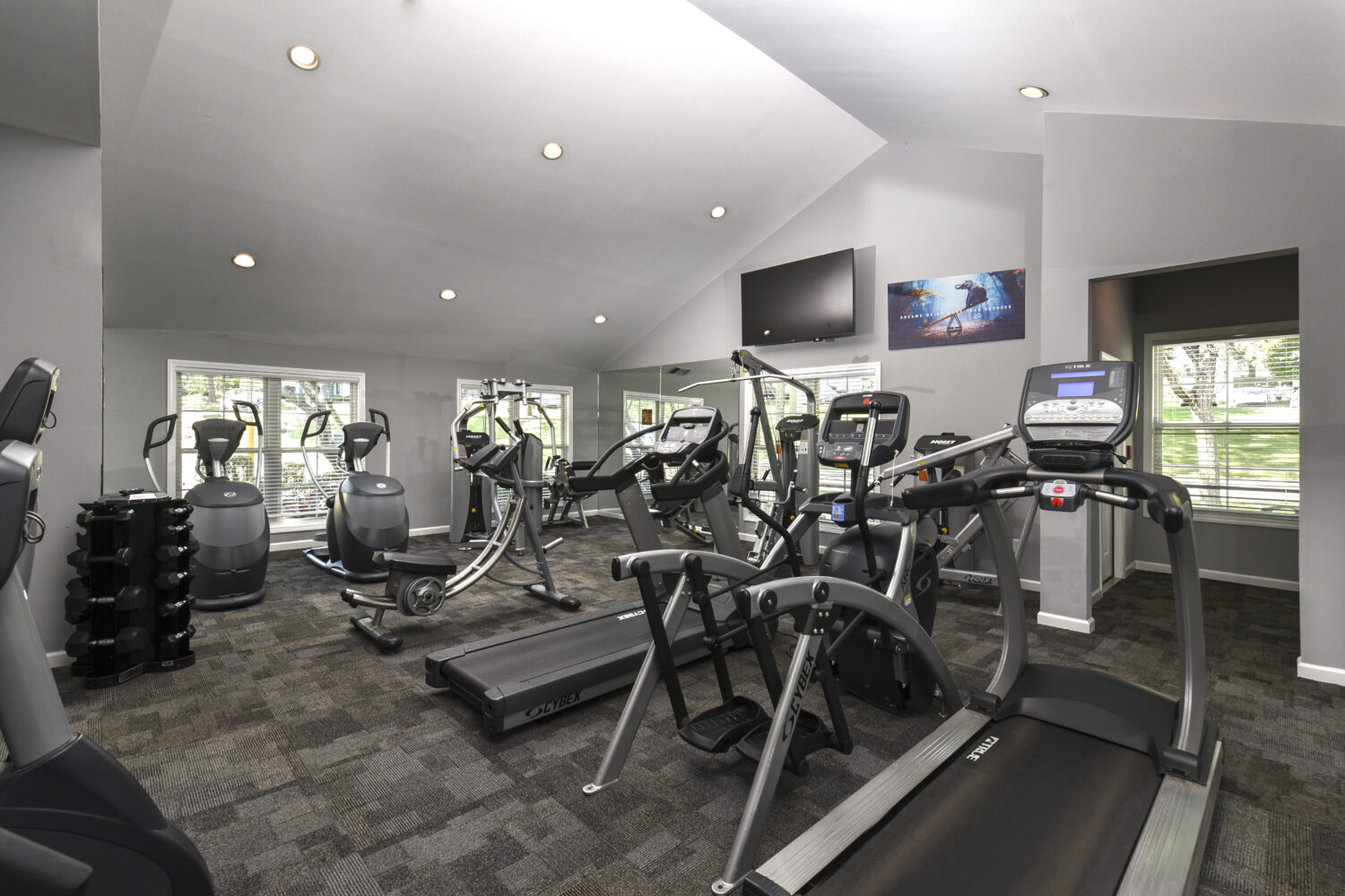 fitness center with cardio machines and weights
