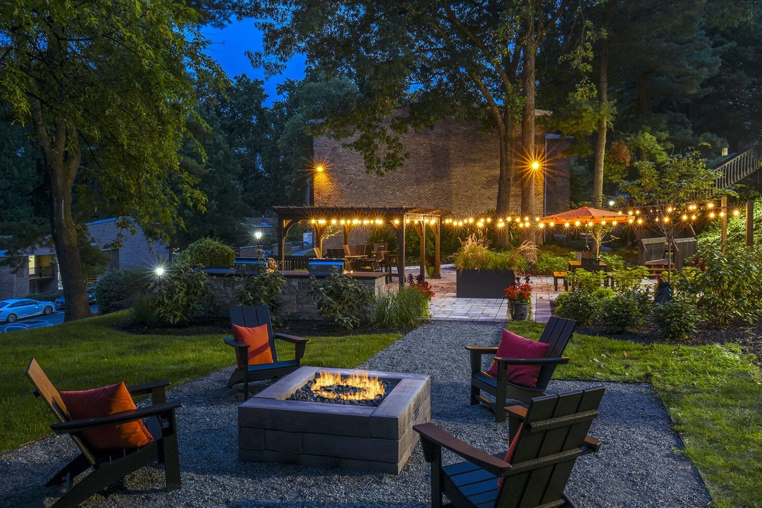 Outdoor Lounge Area at night with string lights