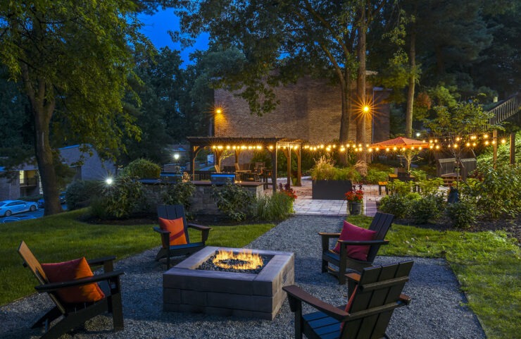 Outdoor Lounge Area at night with string lights