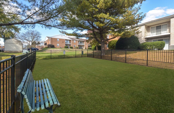 Fully fenced dog park with bench