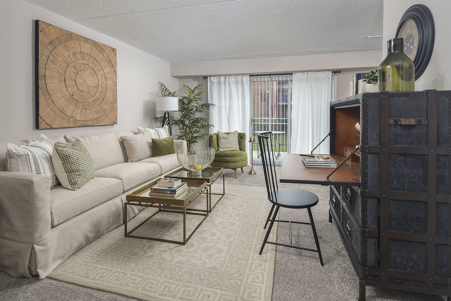 large living room with sliding door to patio