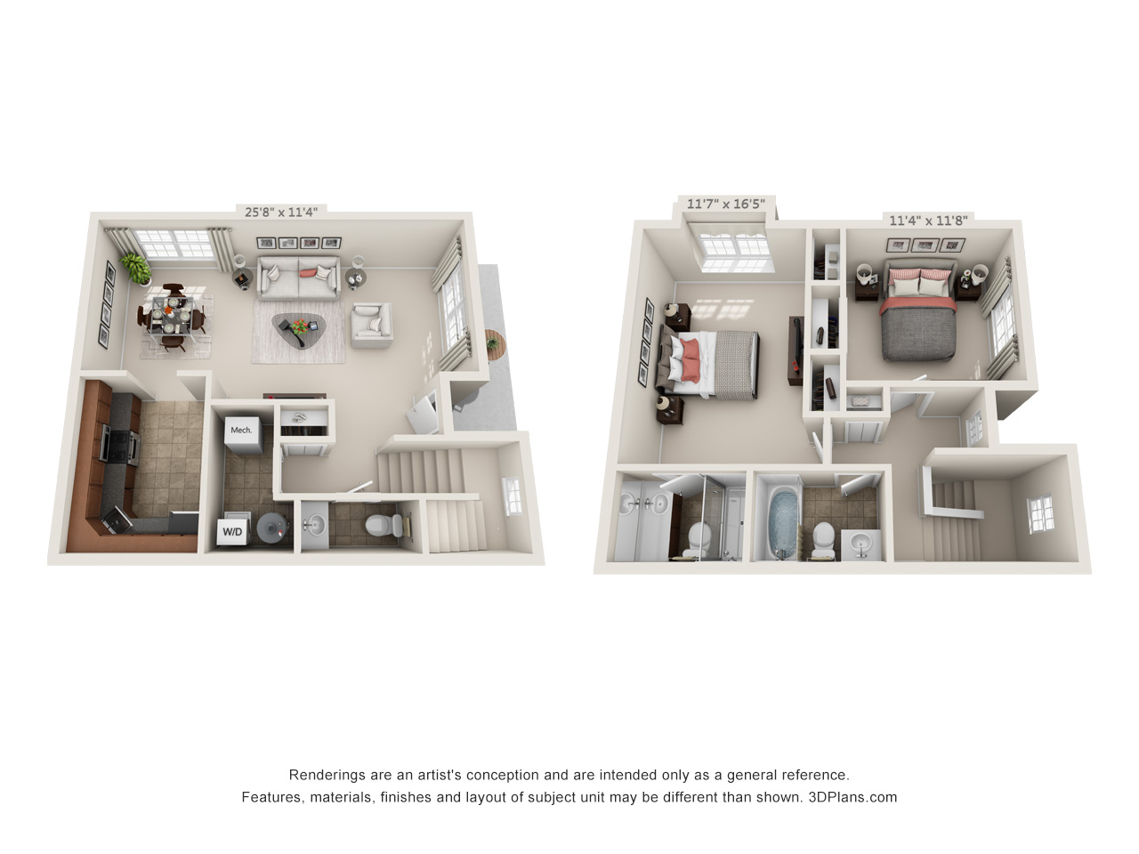 2 bed, 2.5 baths