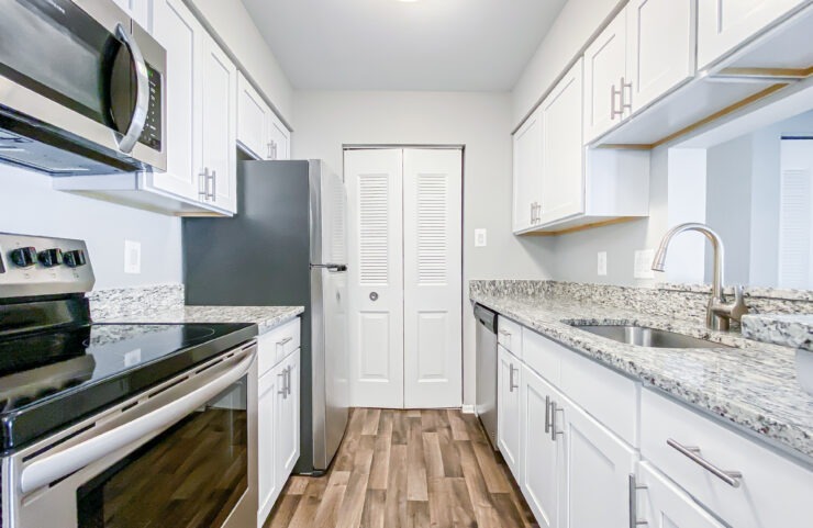 modern kitchen with white cabinets