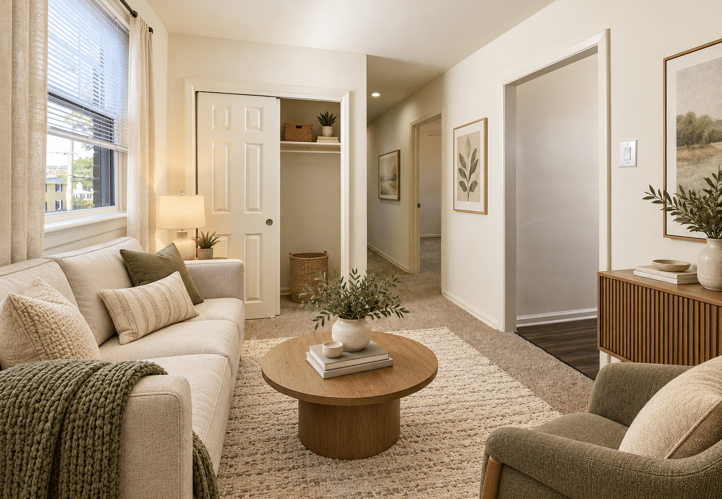living room with wall to wall carpet and large window