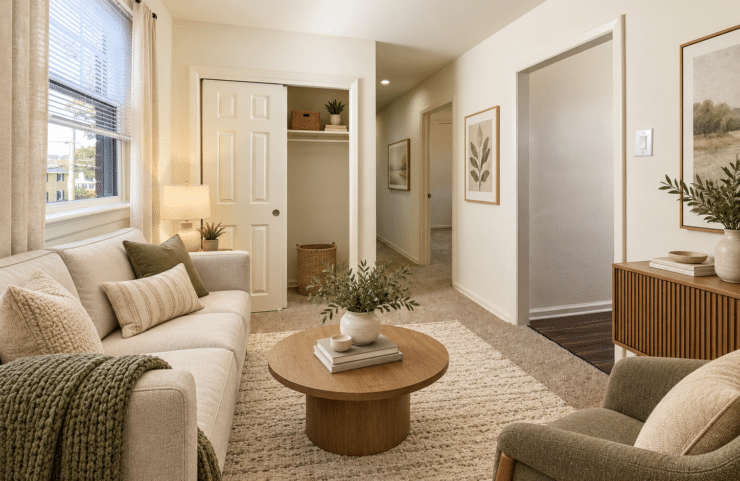 living room with wall to wall carpet and large window