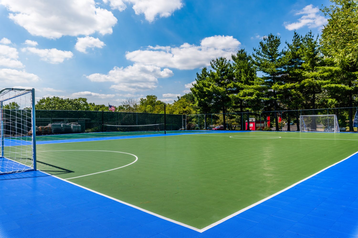 tree lined sport court on a beautiful day