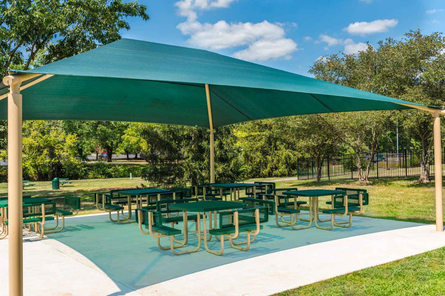 shaded picnic area with plenty of seating