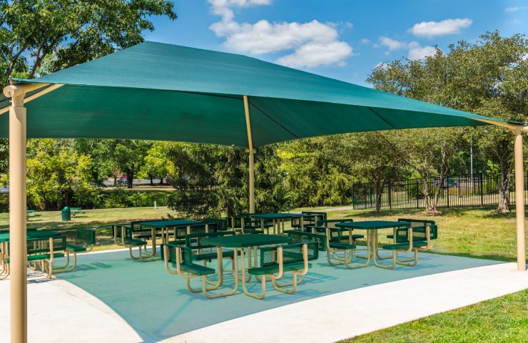 shaded picnic area with plenty of seating