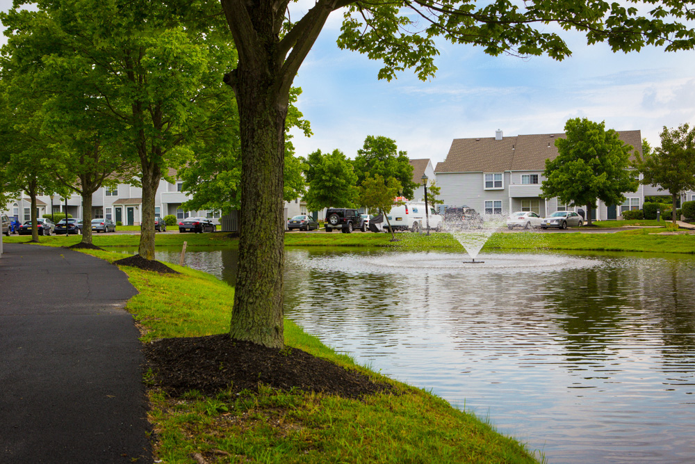 walking path around the pond with a water feature