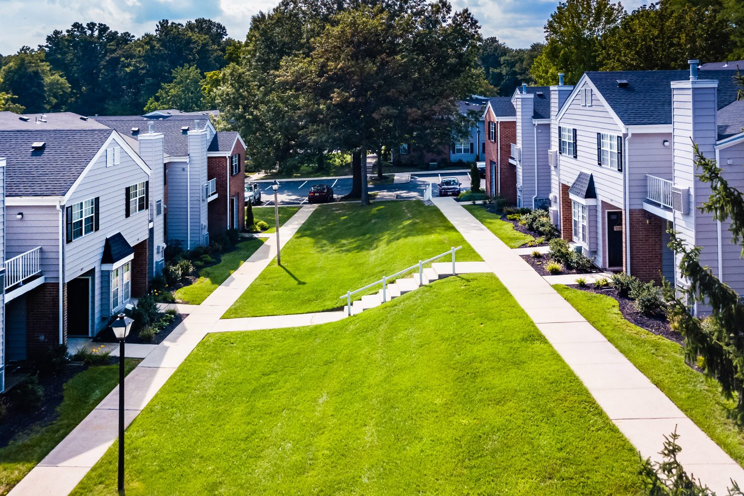 aerial view of the exterior with walking paths 