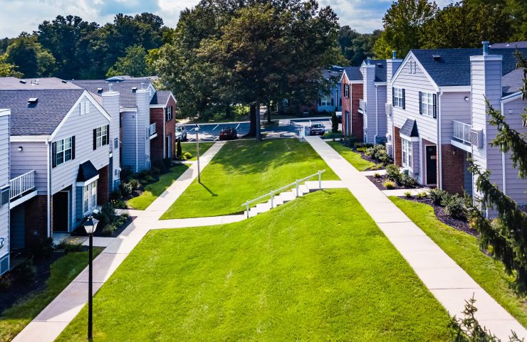 aerial view of the exterior with walking paths 
