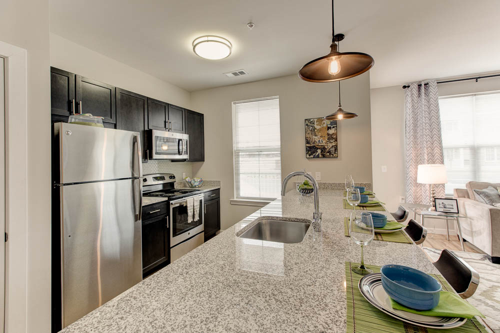 stainless steel appliances and modern fixtures in kitchen 