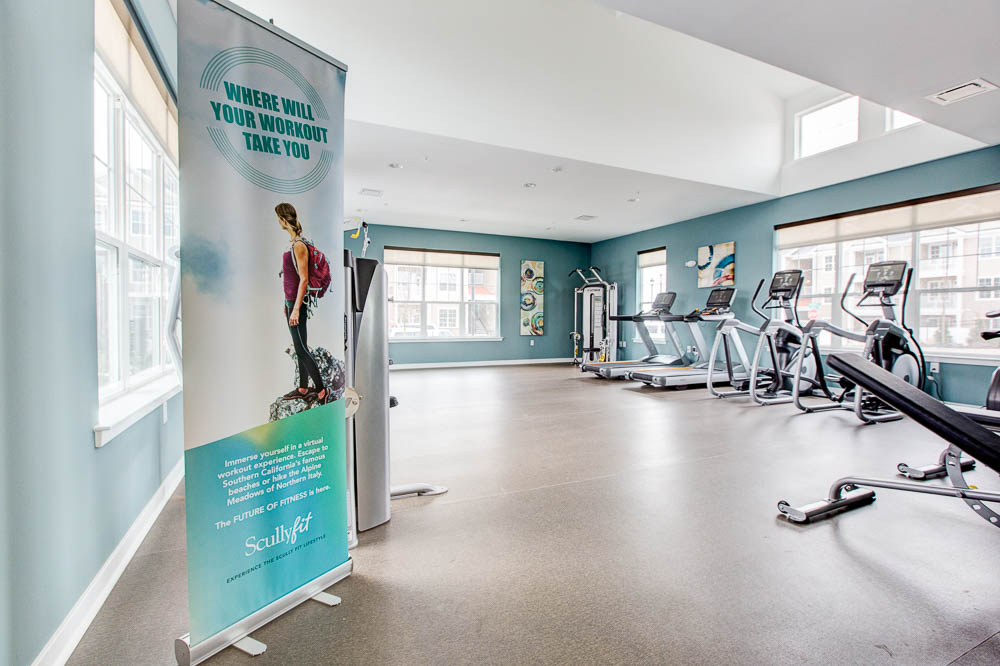 fitness center with virtual interactive cardio equipment 