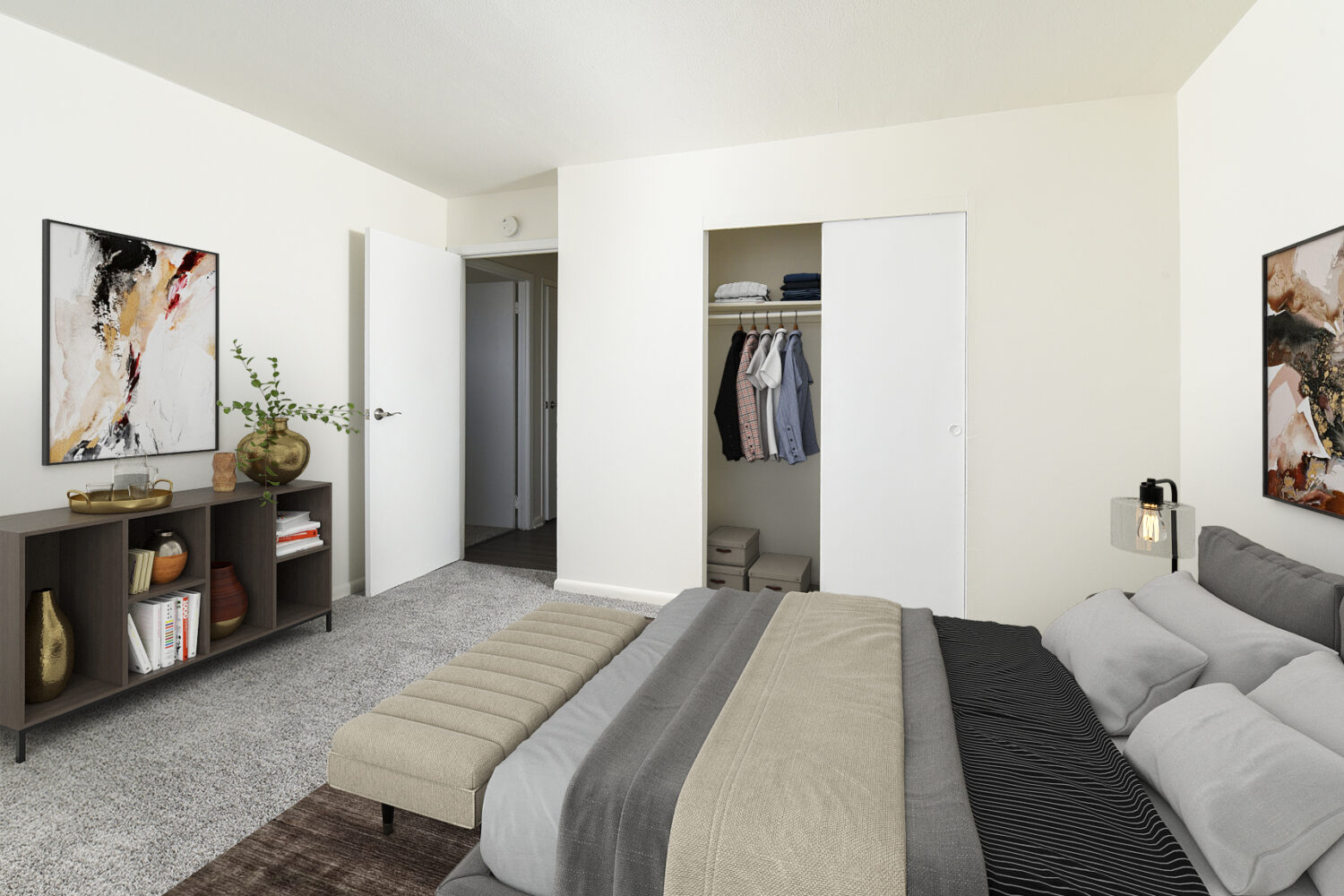bedroom with carpet and large closet