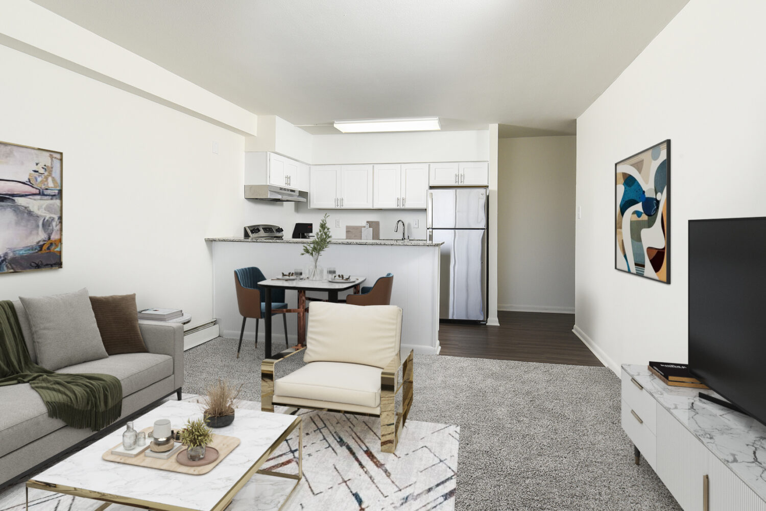 open kitchen layout and dining area