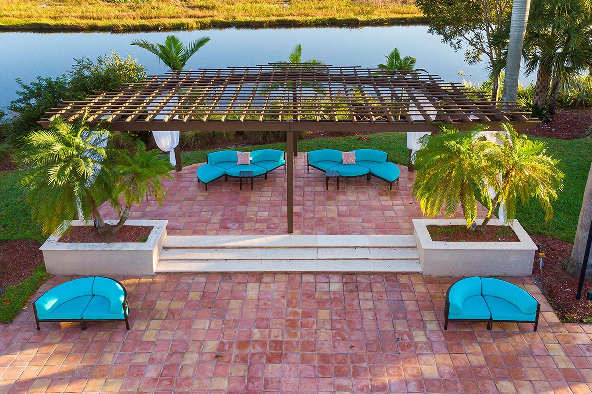 aerial view of cabana area along lake 