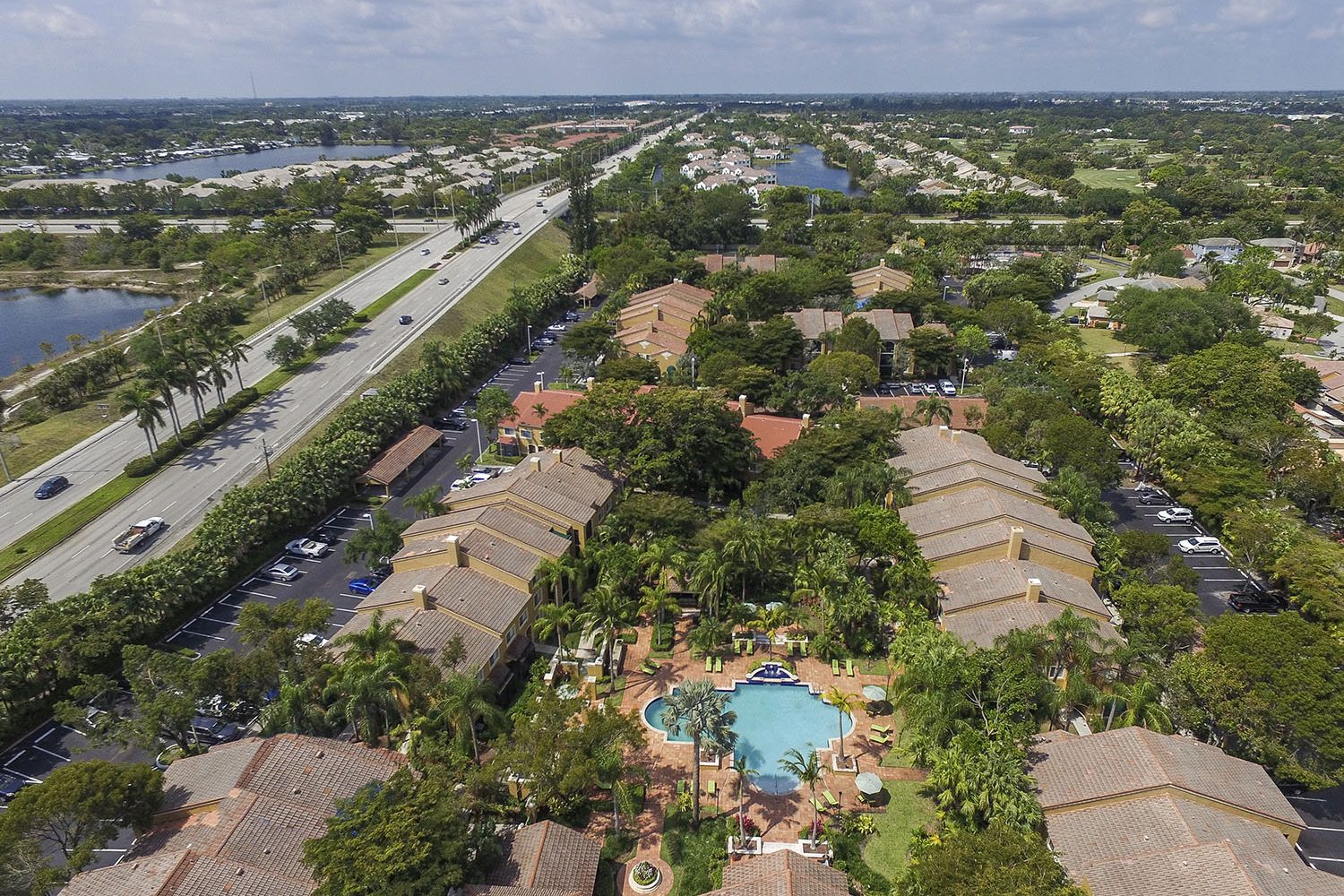 aerial view of Quiet Waters community with pool in the center