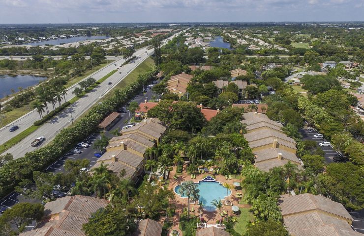 aerial view of Quiet Waters community with pool in the center
