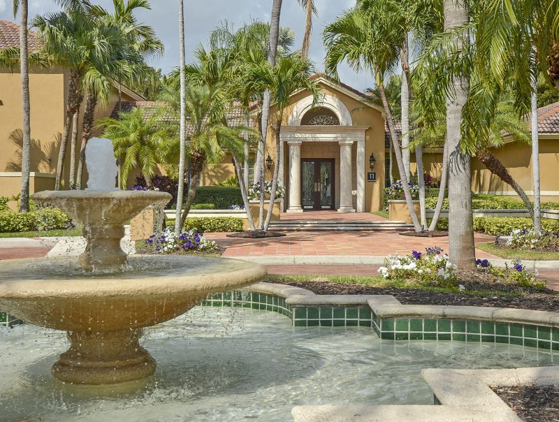 Lush tropical landscaping with elaborate water features