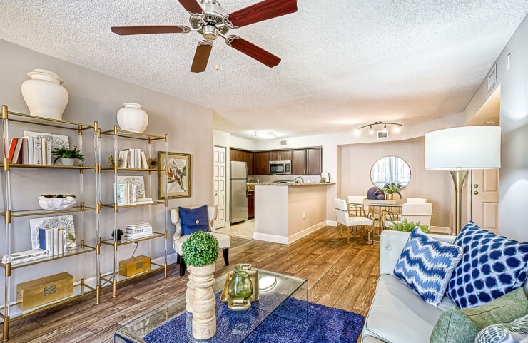 living room with ceiling fan