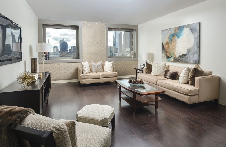 living room with two large windows and views of center city 