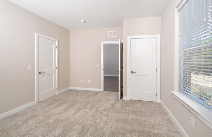 master bedroom with carpet and large closet space