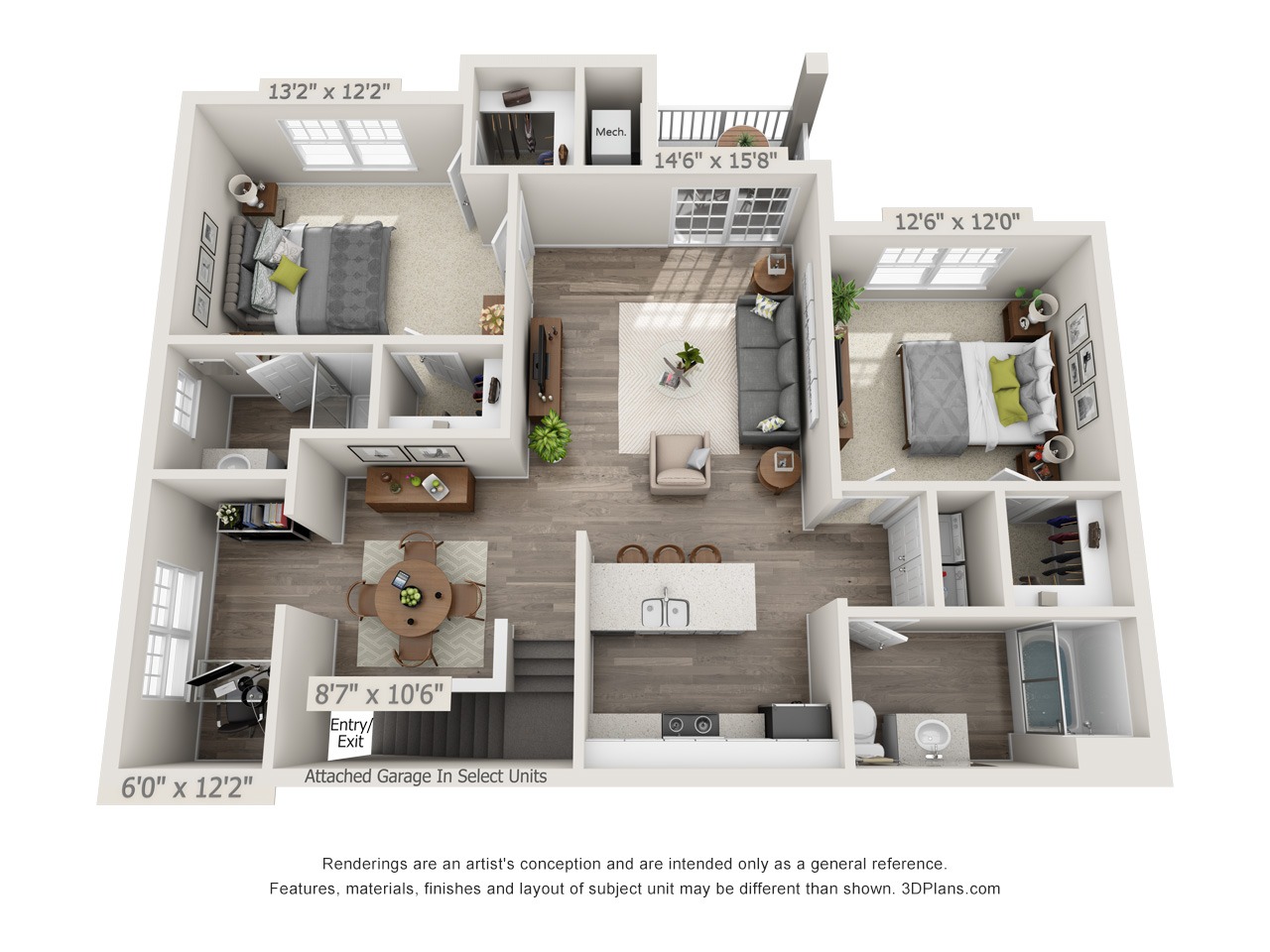 Pine - 2 Bed / 2 Bath with Den and Garage - 2nd Floor - 1,280 SF