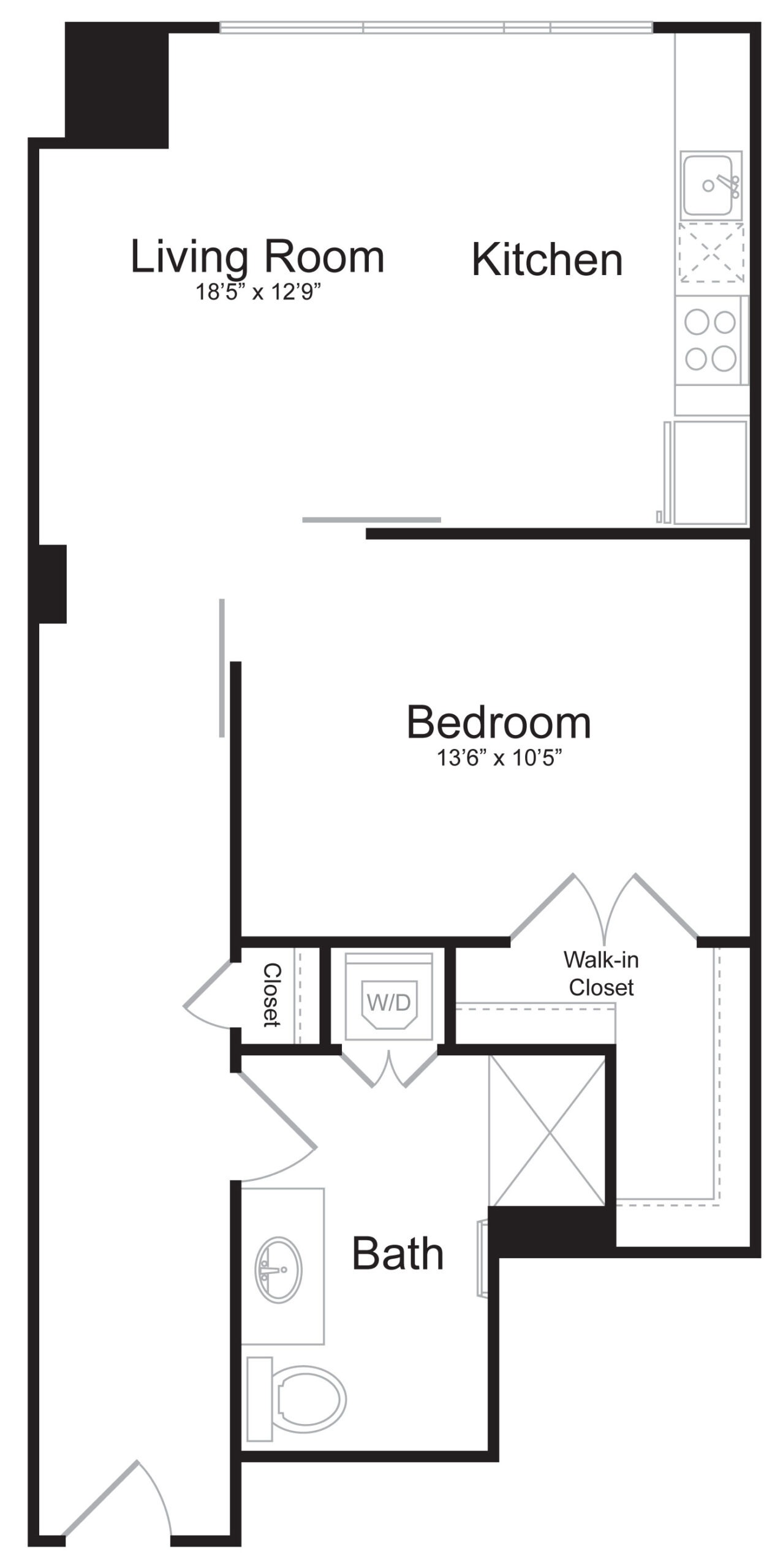 A1K - 1 Bed 1 Bath - 845 SF