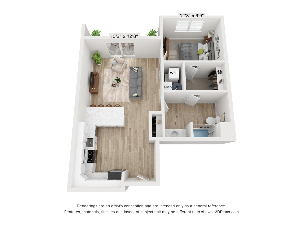A1D - 1 Bedroom 1 Bathroom Apartment - 823 SF