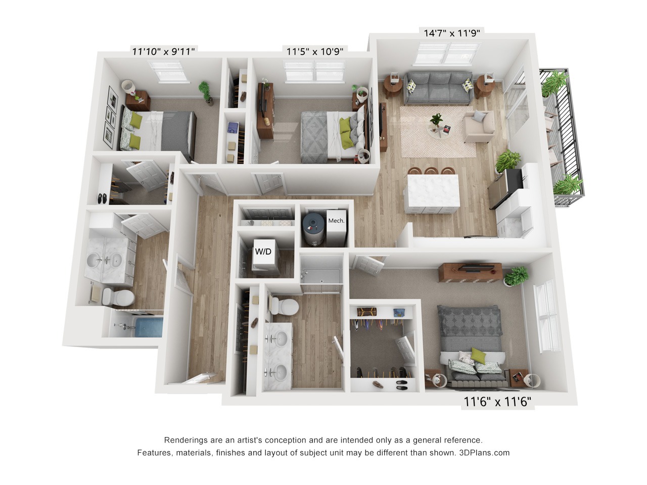 C2 - 3 Bedroom 2 Bathroom - 1,342 SF