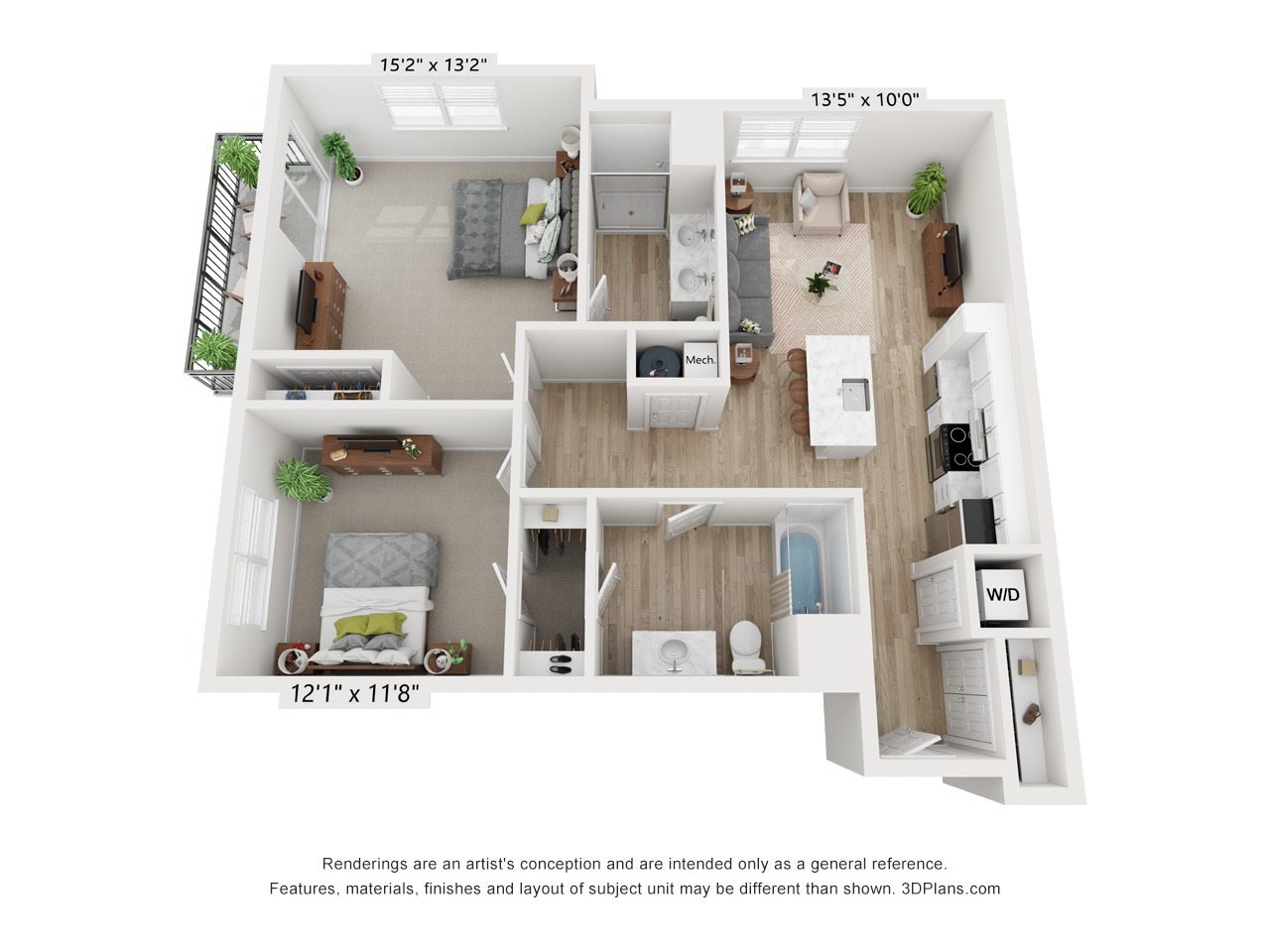 B2A - 2 Bedroom 2 Bathroom - 1,080 SF