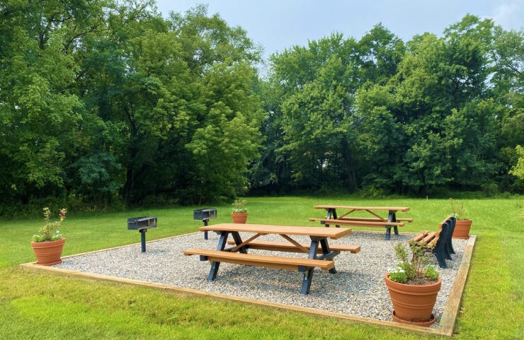 large grassy area with picnic tables and grills