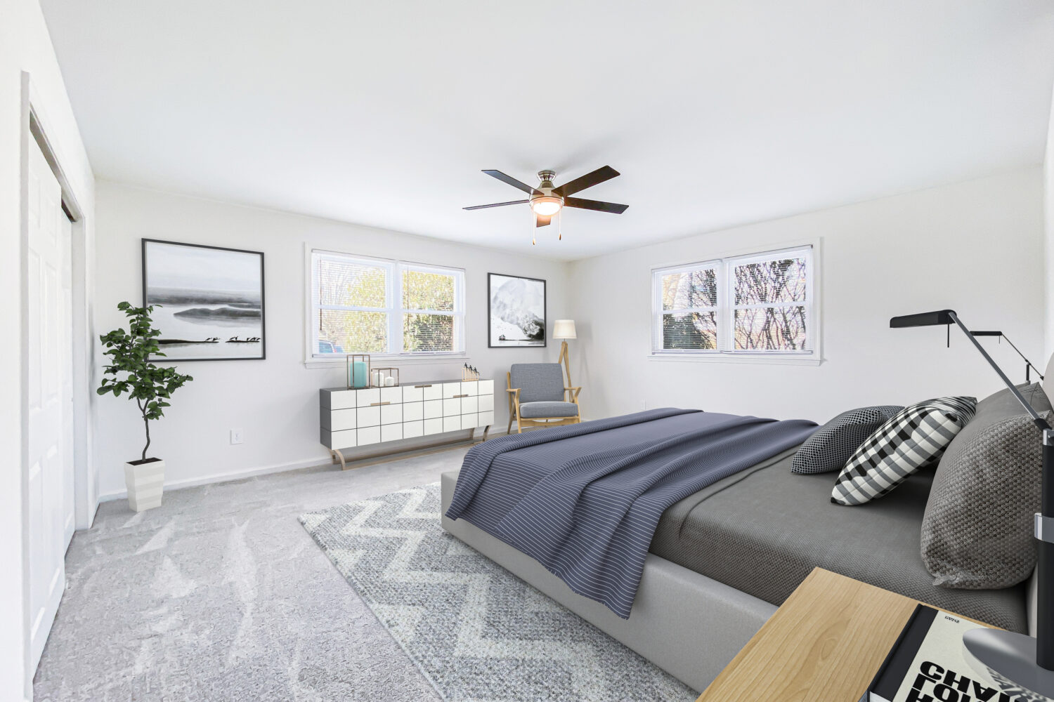virtually staged bedroom with carpet