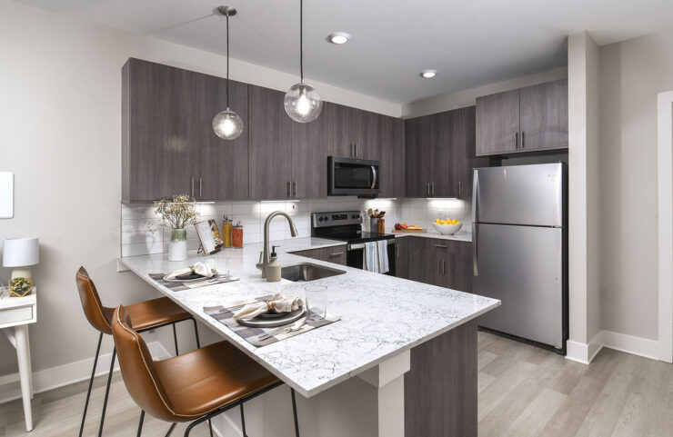 kitchen with breakfast bar, plank floors and quartz countertops