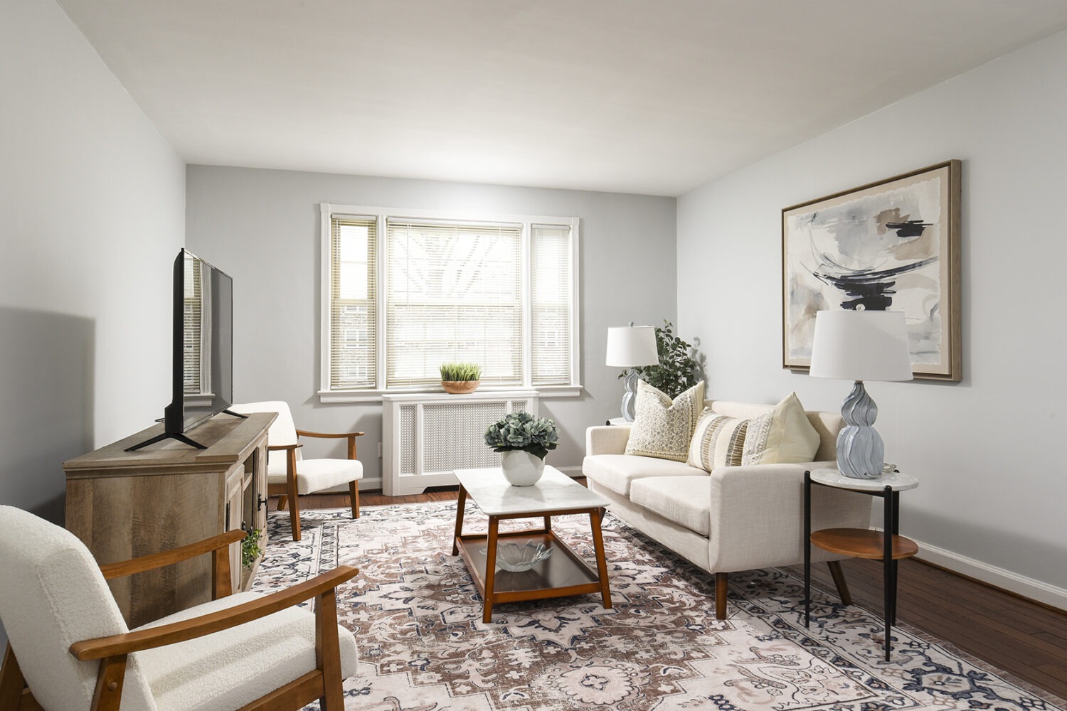 large living room with plank flooring