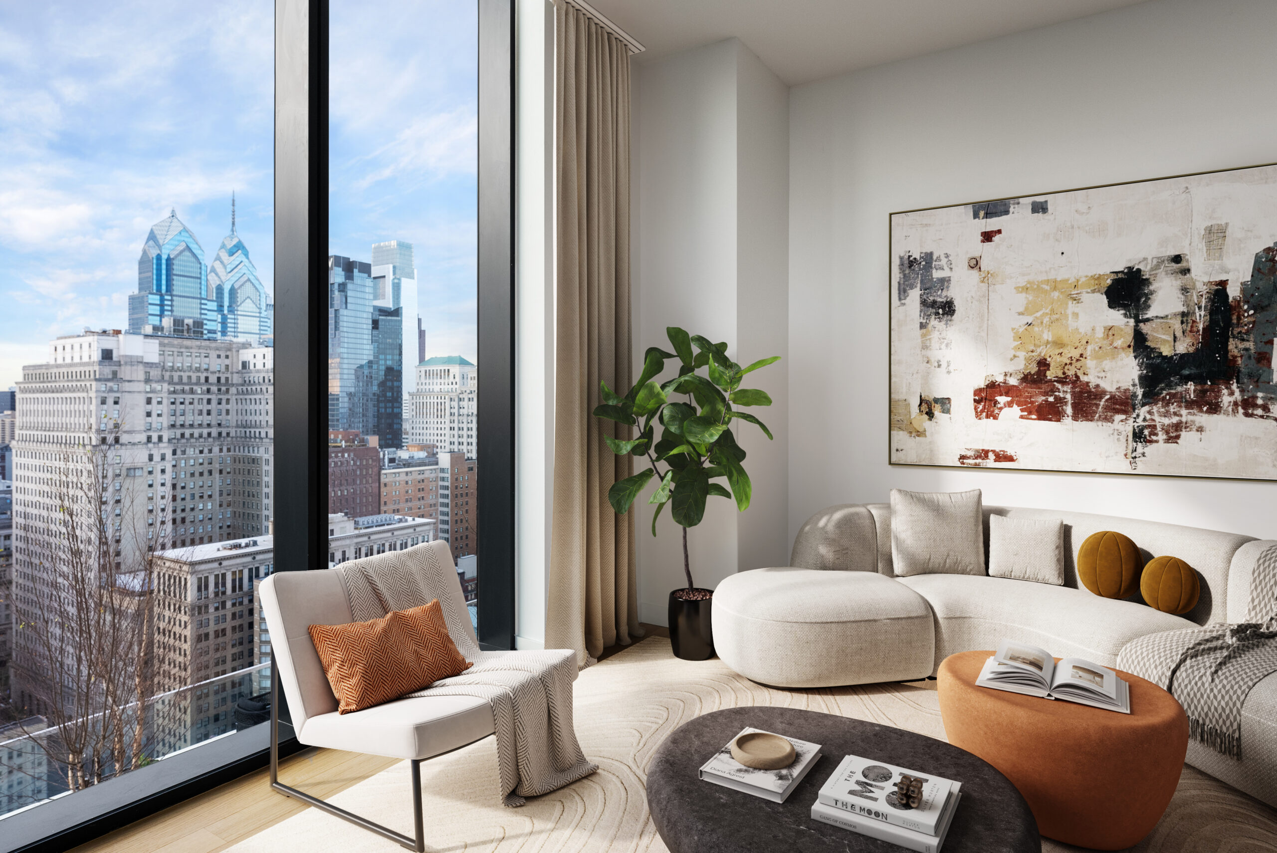 Apartment living space with beautiful views of Philadelphia's skyline