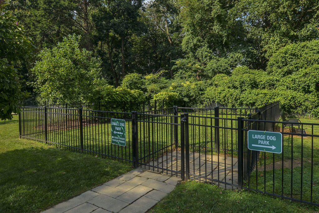 A black fenced dog park in front of green trees. Two green signs with arrows indicating which side of the dog park is for what sized dog