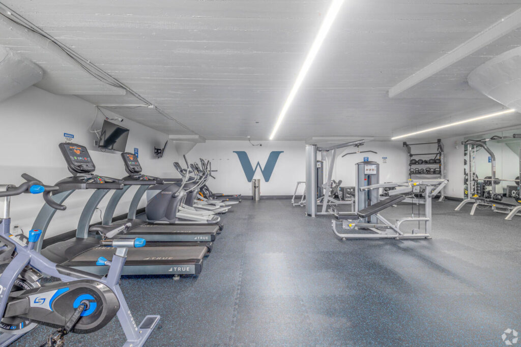 A fully equipped fitness center with treadmills, ellipticals, free weights, and weight machines.