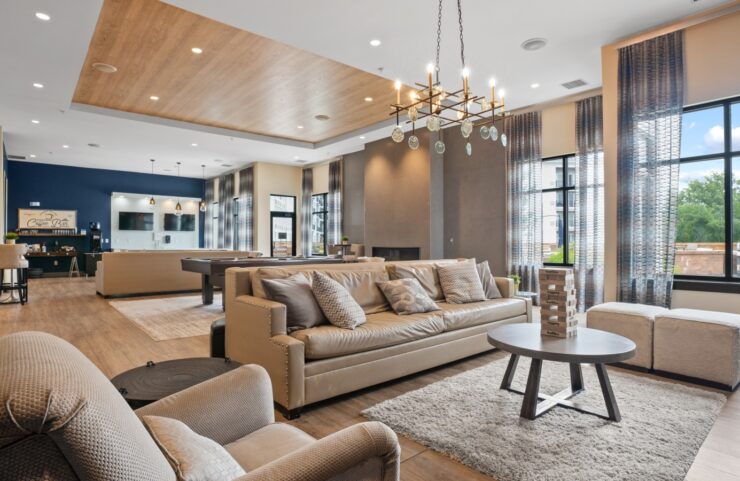 Sophisticated resident lounge with HDTVs, billiards and fireplace