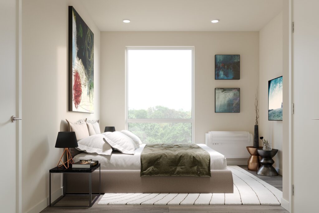 Bedroom with bed and large windows at The Astir Callowhill
