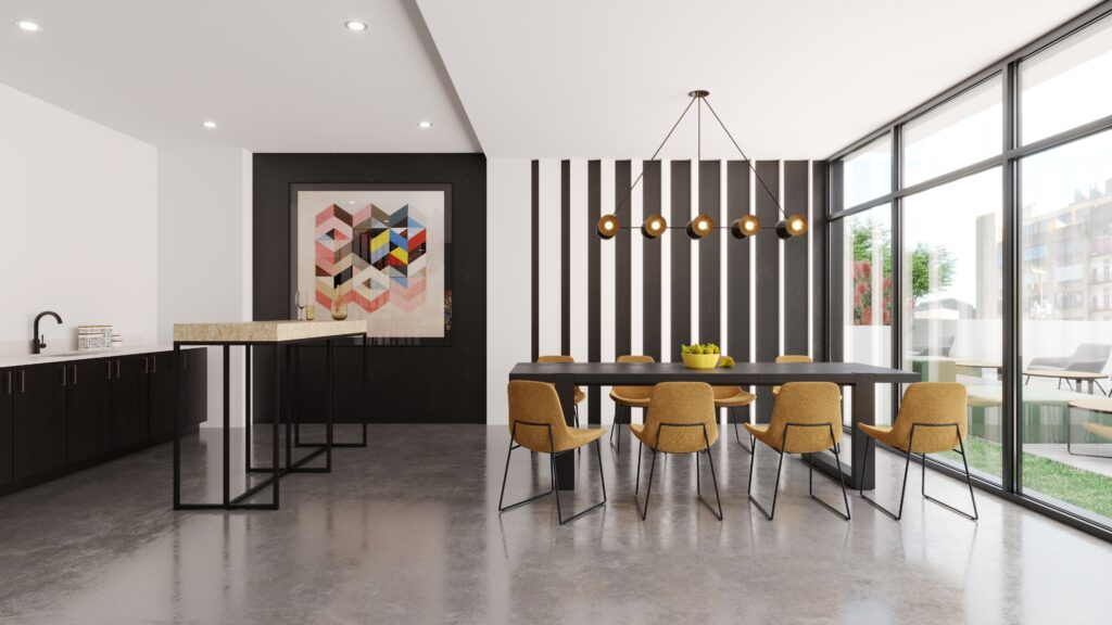 Community resident lounge with seating and artwork