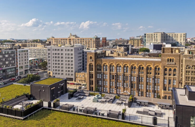 green rooftop deck with views of Philadelphia
