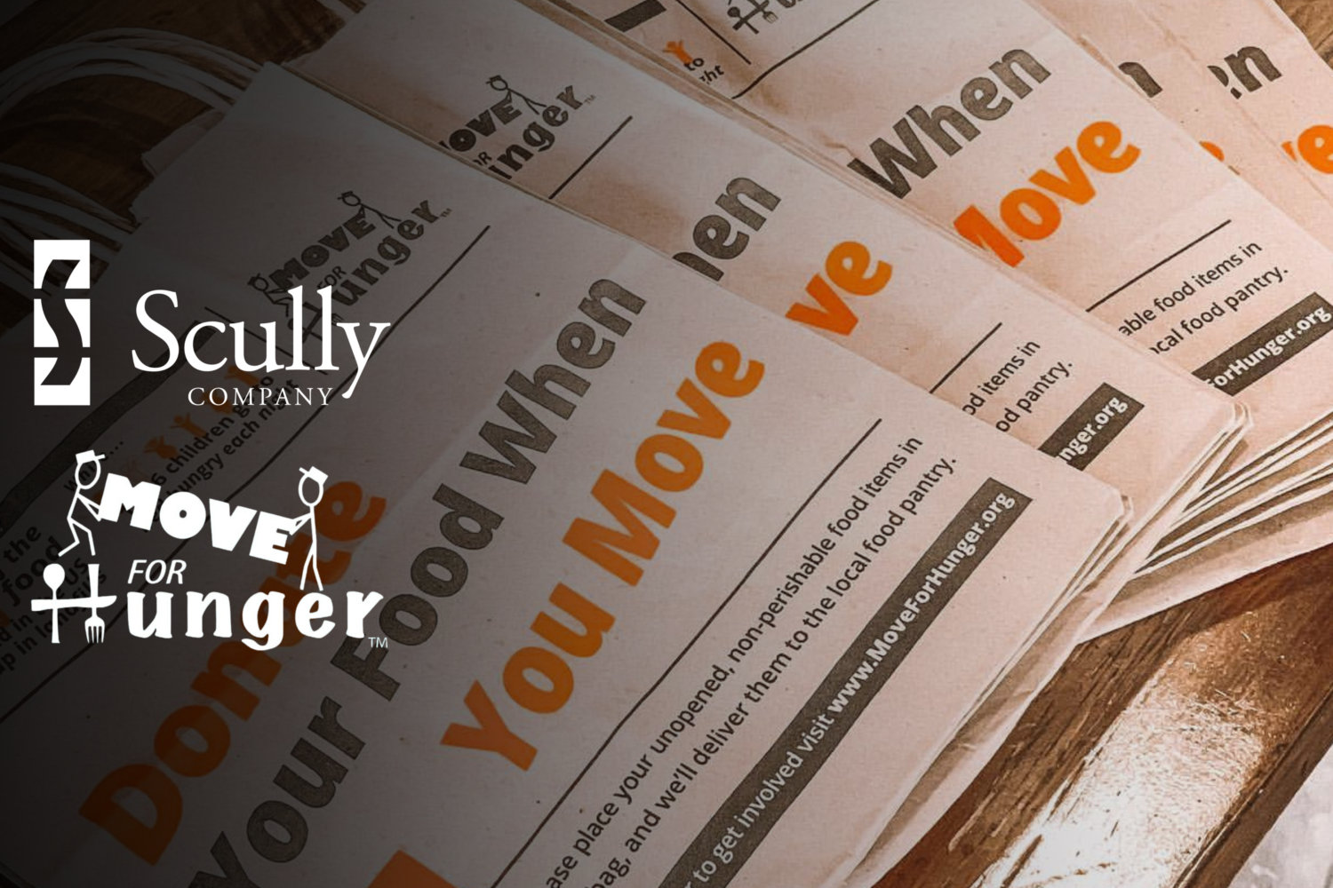 Image of Move for Hunger's bags with the Scully logo and Move for Hunger logo on top