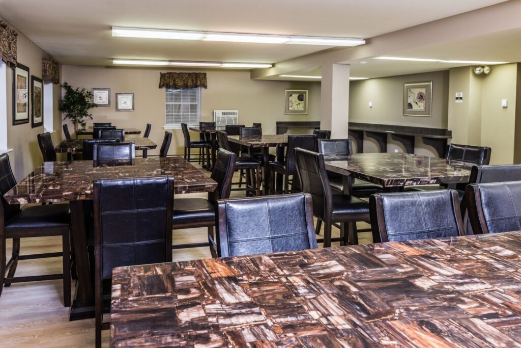 Social community room with tables and chairs